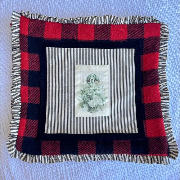 Buffalo Check Square 18 in Pillow Striped Ruffle Trim Vintage Rustic Holiday - Picture 1 of 7